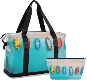 Travel Duffel Gym Sports Luggage Bag Expandable Large Capacity Colorful Boats Beach Sports Bag for Women and Men