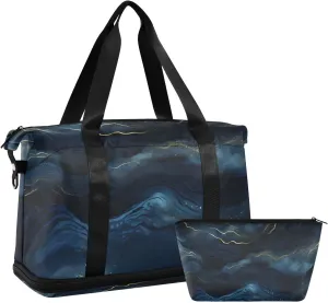 Travel Duffel Gym Sports Luggage Bag Expandable Large Capacity Dark Navy Marble Sports Bag for Women and Men