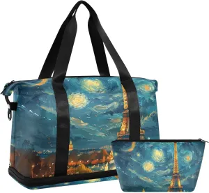 Travel Duffel Gym Sports Luggage Bag Expandable Large Capacity Eiffel Tower Paris Night Sports Bag for Women and Men