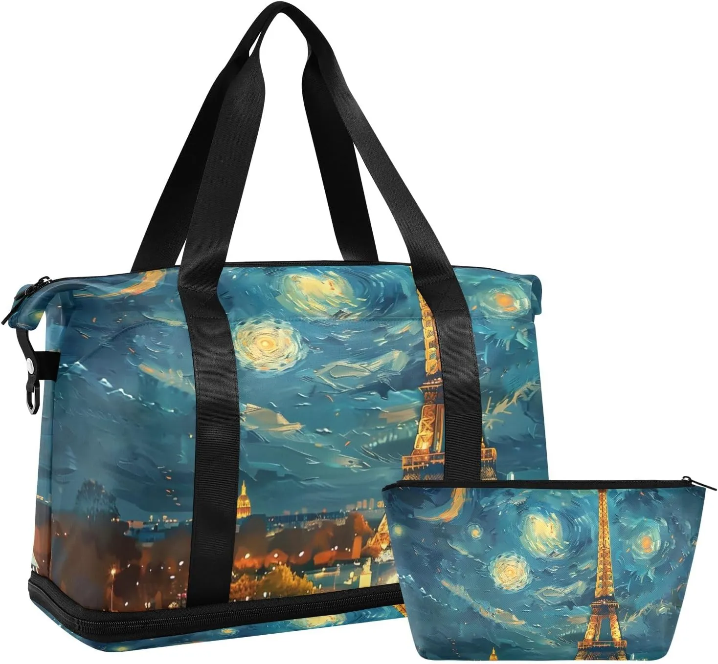 Travel Duffel Gym Sports Luggage Bag Expandable Large Capacity Eiffel Tower Paris Night Sports Bag for Women and Men