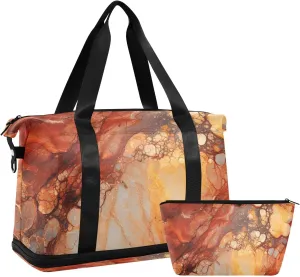Travel Duffel Gym Sports Luggage Bag Expandable Large Capacity Marble Orange Sports Bag for Women and Men