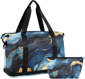 Travel Duffel Gym Sports Luggage Bag Expandable Large Capacity Navy Yellow Marble Sports Bag for Women and Men