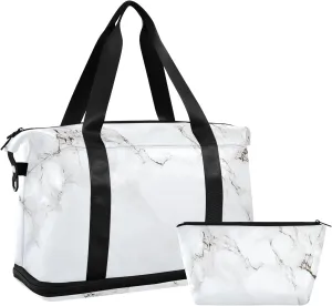 Travel Duffel Gym Sports Luggage Bag Expandable Large Capacity White Marble Texture Sports Bag for Women and Men