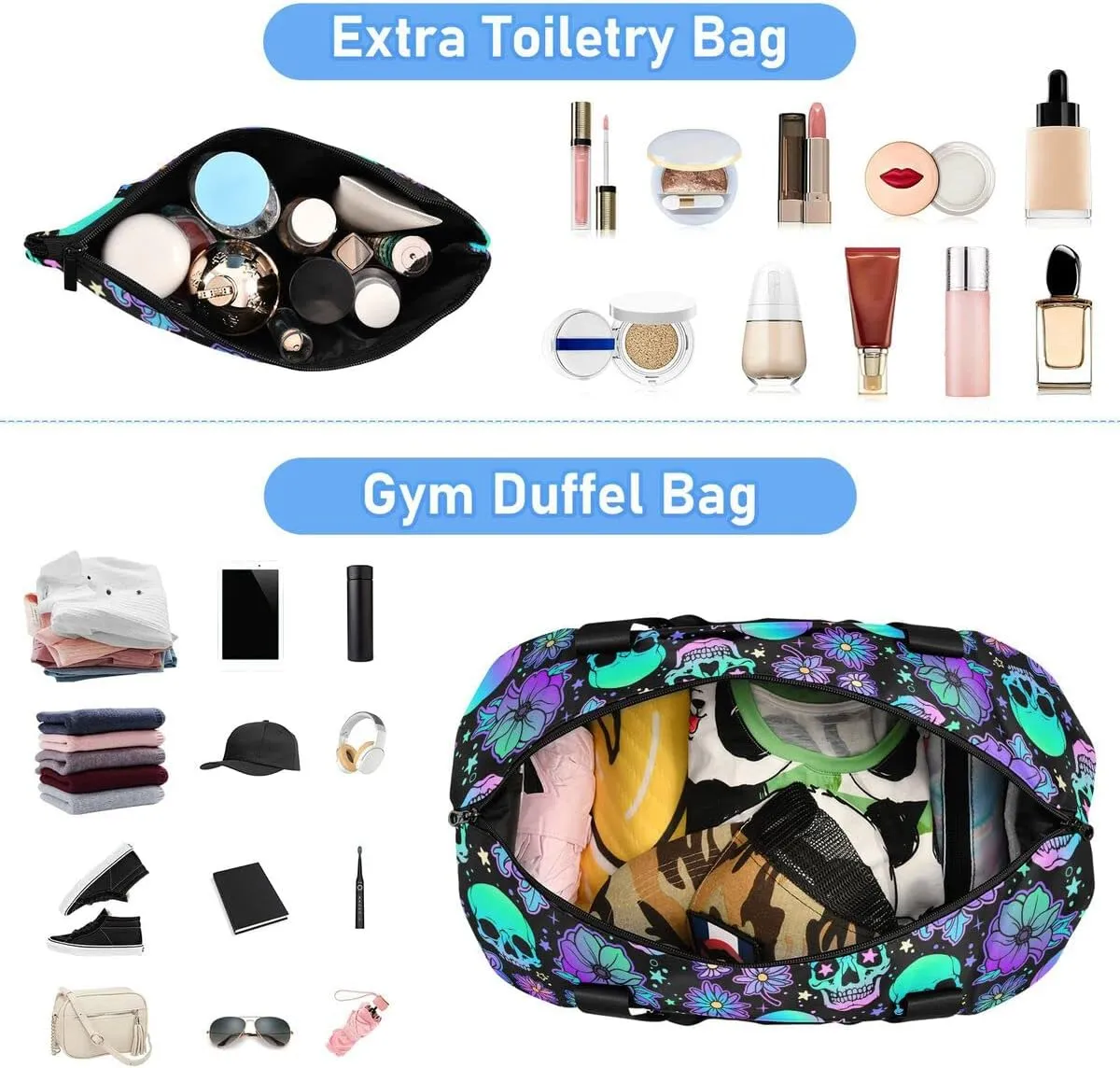 Travel Duffel Tote Bag Funny Skulls Sports Duffel Bag with Wet Pocket Weekender Overnight Bag for Women Men Gym Bag, Carry On Bag Hospital Bag for Labor and Delivery