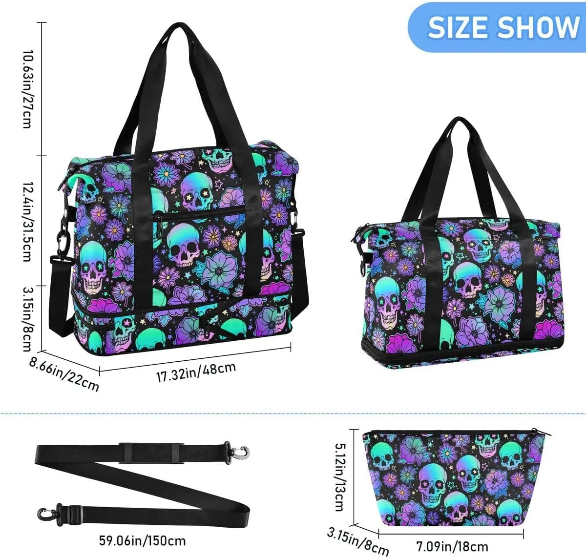 Travel Duffel Tote Bag Funny Skulls Sports Duffel Bag with Wet Pocket Weekender Overnight Bag for Women Men Gym Bag, Carry On Bag Hospital Bag for Labor and Delivery