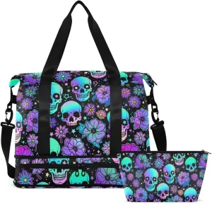 Travel Duffel Tote Bag Funny Skulls Sports Duffel Bag with Wet Pocket Weekender Overnight Bag for Women Men Gym Bag, Carry On Bag Hospital Bag for Labor and Delivery