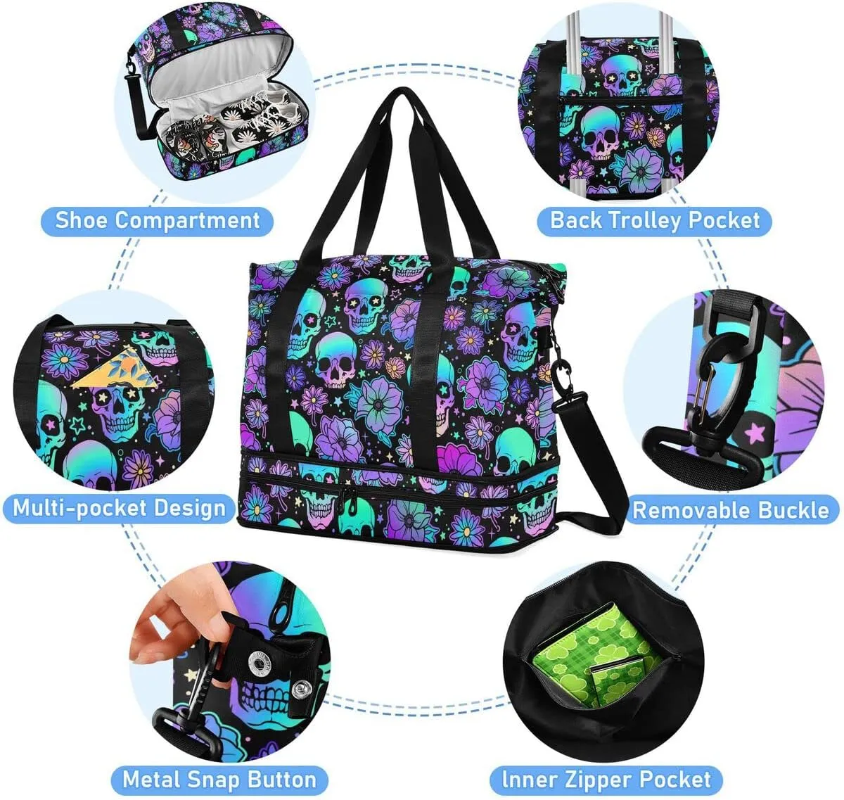 Travel Duffel Tote Bag Funny Skulls Sports Duffel Bag with Wet Pocket Weekender Overnight Bag for Women Men Gym Bag, Carry On Bag Hospital Bag for Labor and Delivery