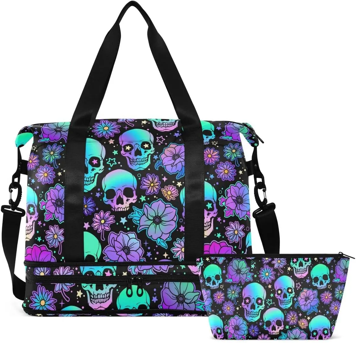 Travel Duffel Tote Bag Funny Skulls Sports Duffel Bag with Wet Pocket Weekender Overnight Bag for Women Men Gym Bag, Carry On Bag Hospital Bag for Labor and Delivery