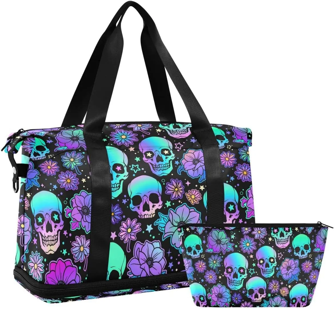 Travel Duffel Tote Bag Funny Skulls Sports Duffel Bag with Wet Pocket Weekender Overnight Bag for Women Men Gym Bag, Carry On Bag Hospital Bag for Labor and Delivery