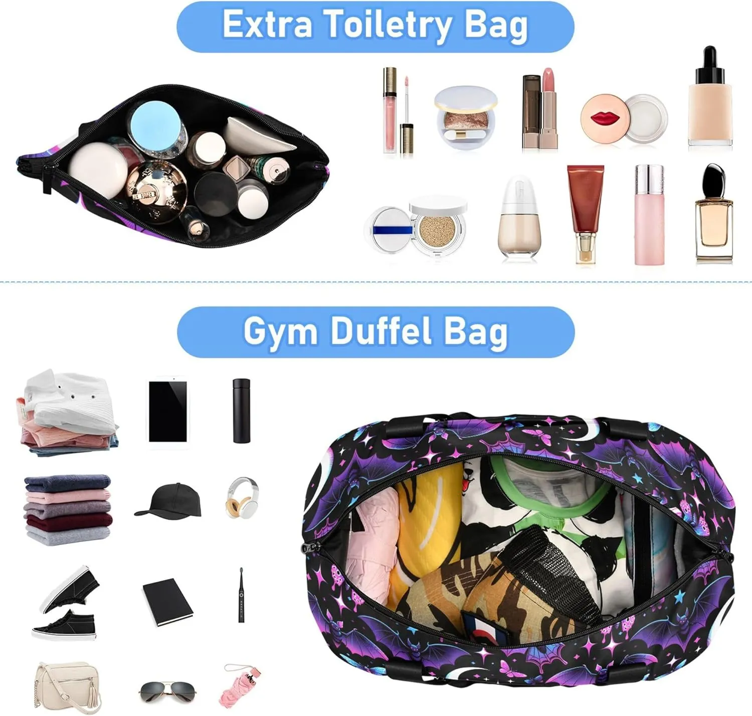 Travel Duffel Tote Bag Neon Purple and Bats Stars and Moons Sports Duffel Bag with Wet Pocket Weekender Overnight Bag for Women Men Gym Bag, Carry On Bag Hospital Bag for Labor and Delivery