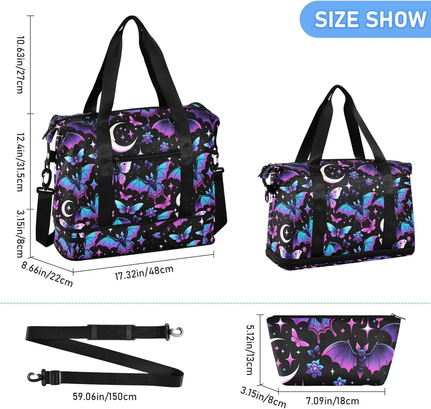 Travel Duffel Tote Bag Neon Purple and Bats Stars and Moons Sports Duffel Bag with Wet Pocket Weekender Overnight Bag for Women Men Gym Bag, Carry On Bag Hospital Bag for Labor and Delivery