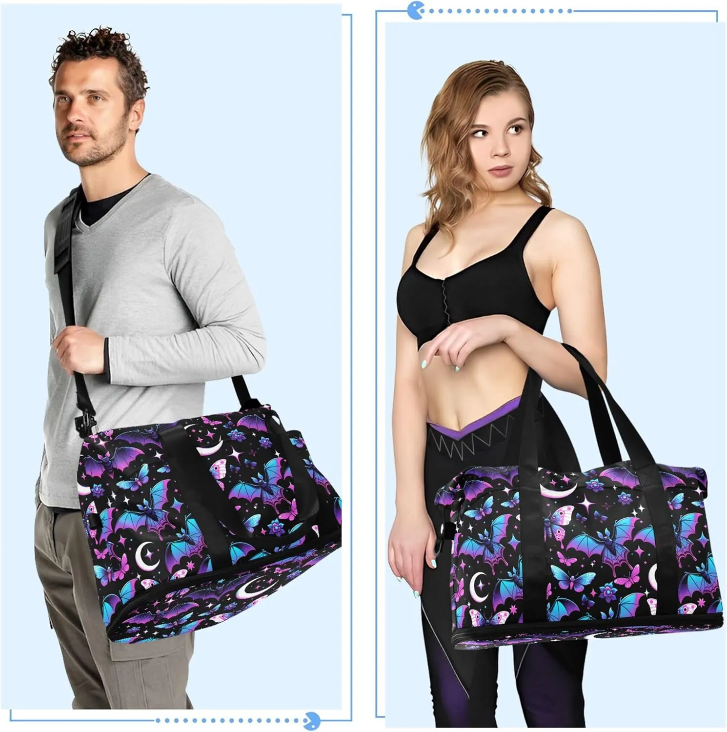 Travel Duffel Tote Bag Neon Purple and Bats Stars and Moons Sports Duffel Bag with Wet Pocket Weekender Overnight Bag for Women Men Gym Bag, Carry On Bag Hospital Bag for Labor and Delivery