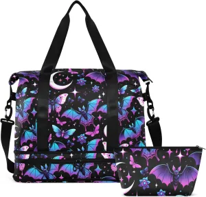 Travel Duffel Tote Bag Neon Purple and Bats Stars and Moons Sports Duffel Bag with Wet Pocket Weekender Overnight Bag for Women Men Gym Bag, Carry On Bag Hospital Bag for Labor and Delivery