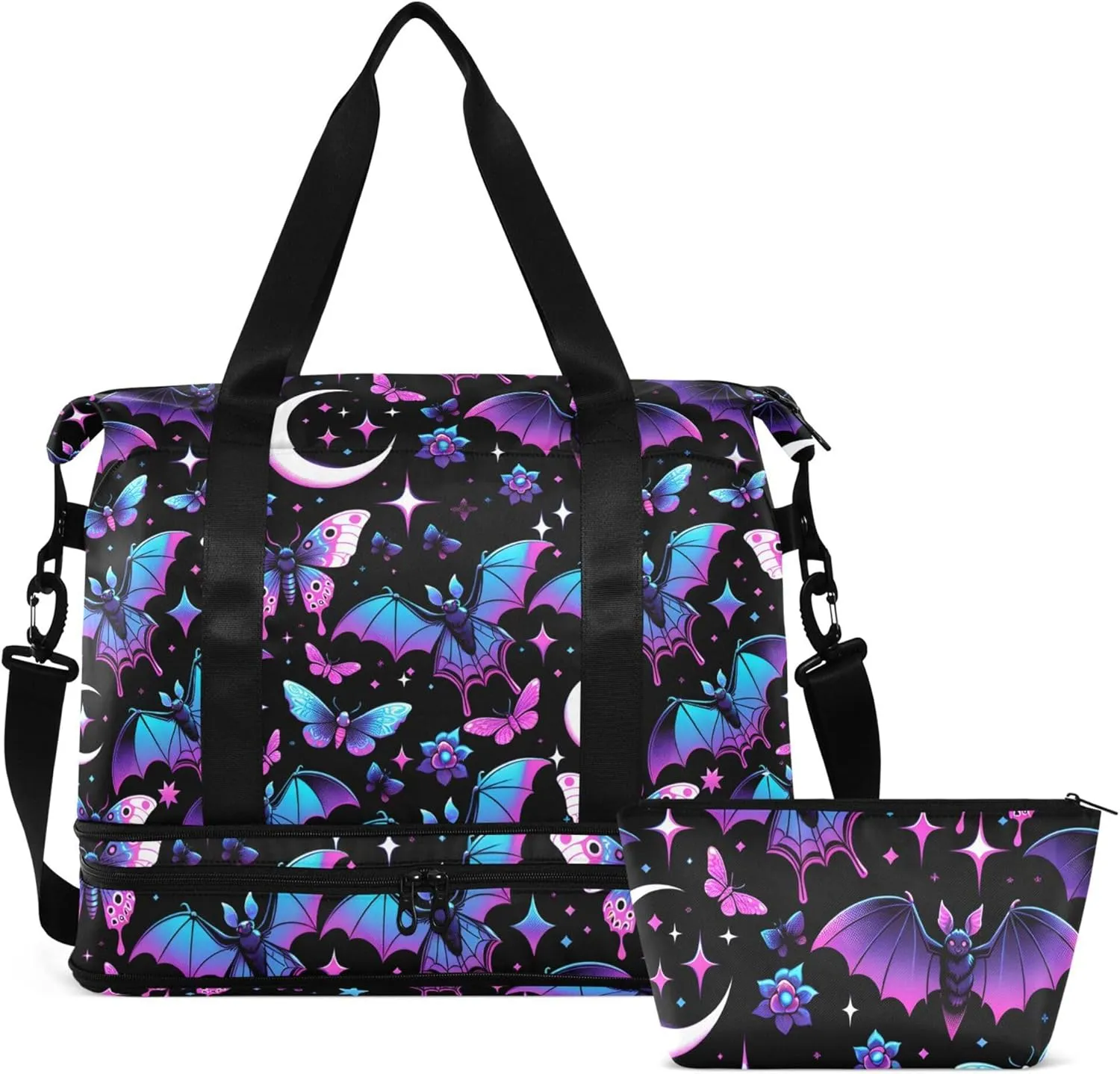 Travel Duffel Tote Bag Neon Purple and Bats Stars and Moons Sports Duffel Bag with Wet Pocket Weekender Overnight Bag for Women Men Gym Bag, Carry On Bag Hospital Bag for Labor and Delivery