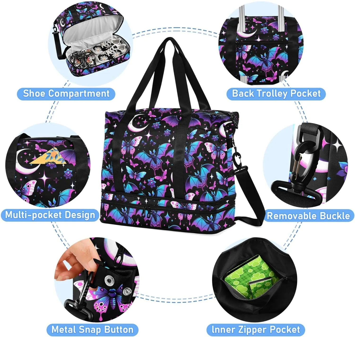 Travel Duffel Tote Bag Neon Purple and Bats Stars and Moons Sports Duffel Bag with Wet Pocket Weekender Overnight Bag for Women Men Gym Bag, Carry On Bag Hospital Bag for Labor and Delivery