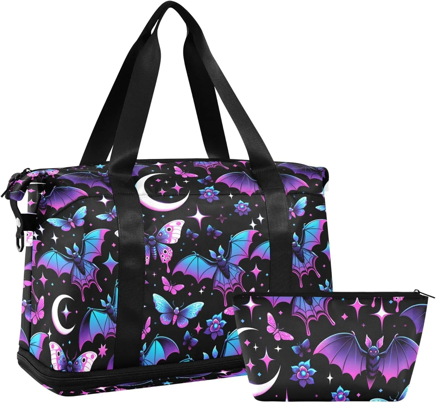Travel Duffel Tote Bag Neon Purple and Bats Stars and Moons Sports Duffel Bag with Wet Pocket Weekender Overnight Bag for Women Men Gym Bag, Carry On Bag Hospital Bag for Labor and Delivery