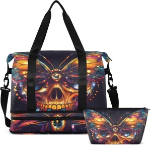 Travel Duffel Tote Bag Skull Butterfly Shiny Sports Duffel Bag with Wet Pocket Weekender Overnight Bag for Women Men Gym Bag, Carry On Bag Hospital Bag for Labor and Delivery
