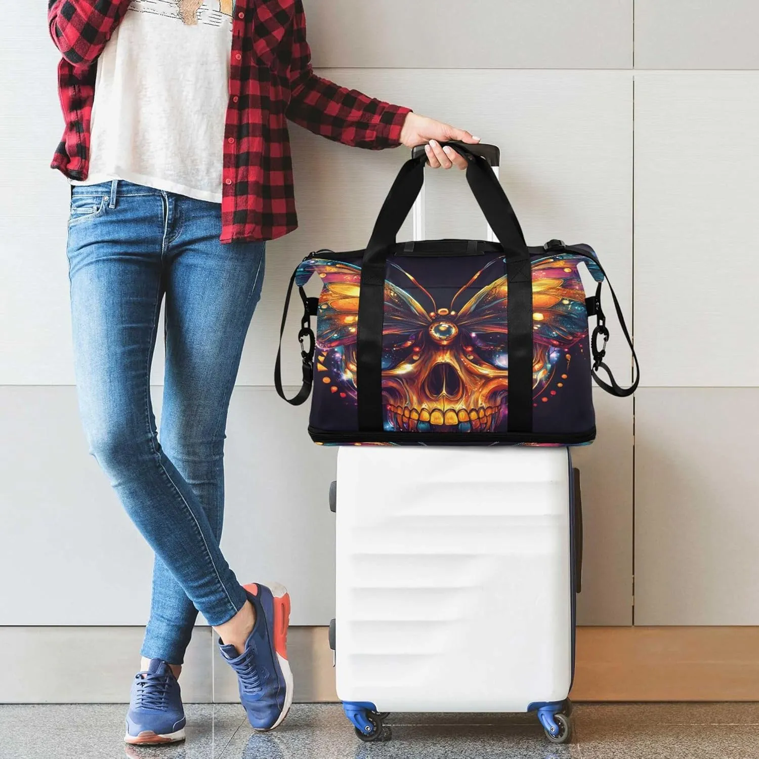 Travel Duffel Tote Bag Skull Butterfly Shiny Sports Duffel Bag with Wet Pocket Weekender Overnight Bag for Women Men Gym Bag, Carry On Bag Hospital Bag for Labor and Delivery