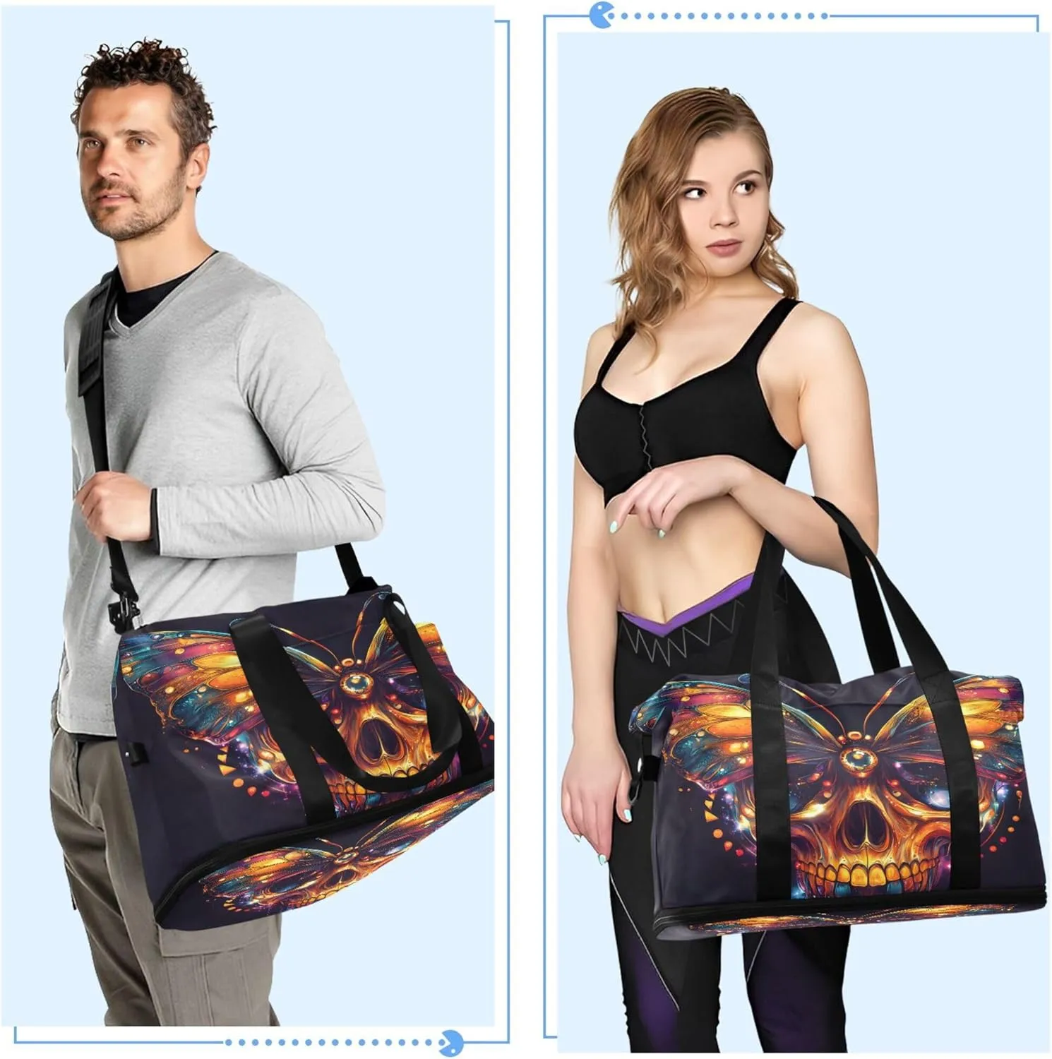 Travel Duffel Tote Bag Skull Butterfly Shiny Sports Duffel Bag with Wet Pocket Weekender Overnight Bag for Women Men Gym Bag, Carry On Bag Hospital Bag for Labor and Delivery
