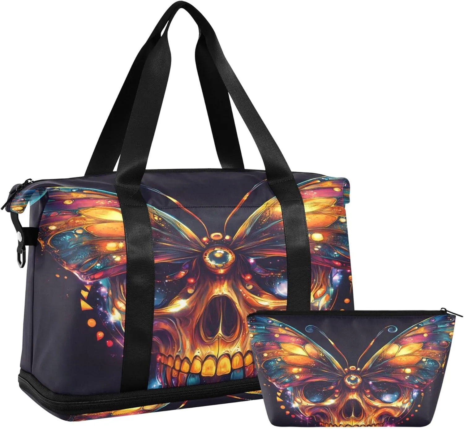 Travel Duffel Tote Bag Skull Butterfly Shiny Sports Duffel Bag with Wet Pocket Weekender Overnight Bag for Women Men Gym Bag, Carry On Bag Hospital Bag for Labor and Delivery