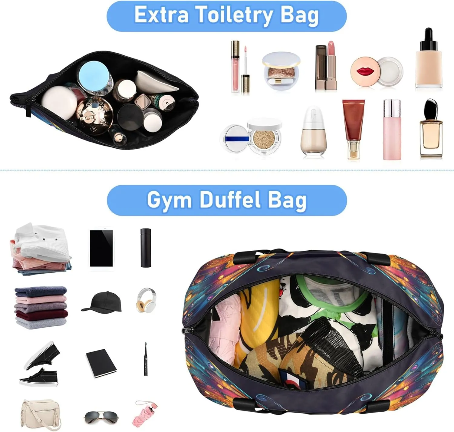 Travel Duffel Tote Bag Skull Butterfly Shiny Sports Duffel Bag with Wet Pocket Weekender Overnight Bag for Women Men Gym Bag, Carry On Bag Hospital Bag for Labor and Delivery