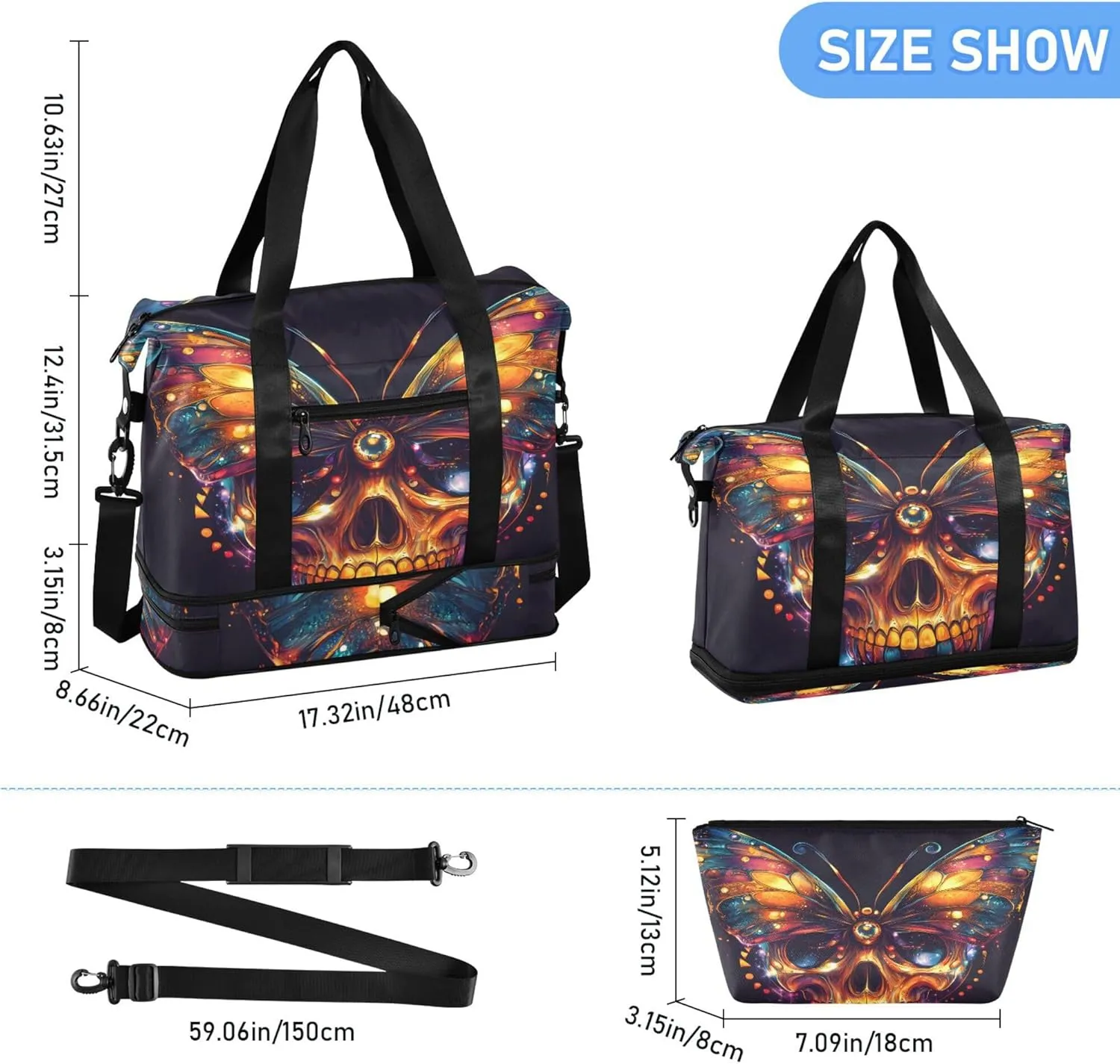Travel Duffel Tote Bag Skull Butterfly Shiny Sports Duffel Bag with Wet Pocket Weekender Overnight Bag for Women Men Gym Bag, Carry On Bag Hospital Bag for Labor and Delivery