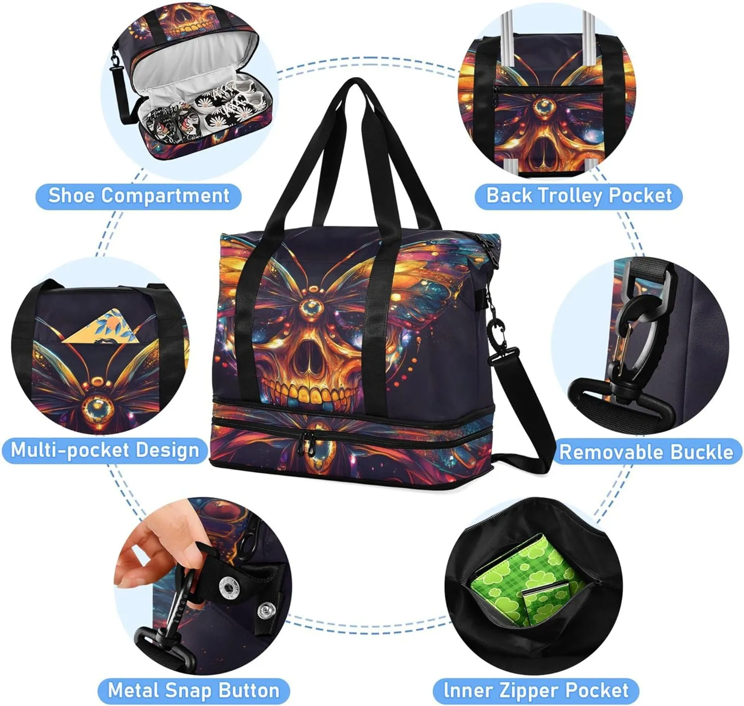 Travel Duffel Tote Bag Skull Butterfly Shiny Sports Duffel Bag with Wet Pocket Weekender Overnight Bag for Women Men Gym Bag, Carry On Bag Hospital Bag for Labor and Delivery