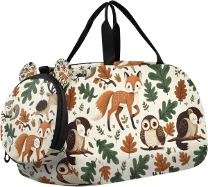 Travel Duffle Bag for Kids Boys Girls Forest Animals Fox Deer Hedgehog Sports Bag Overnighter Duffle Sleepover Weekender with Shoes Compartment