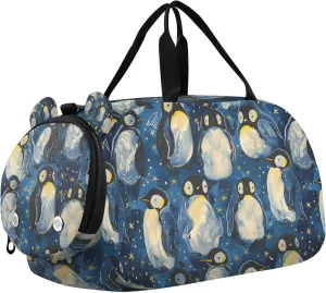 Travel Duffle Bag for Kids Boys Girls Penguin Style Starry Sports Bag Overnighter Duffle Sleepover Weekender with Shoes Compartment