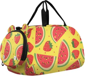 Travel Duffle Bag for Kids Boys Girls Watermelon Strawberry Yellow Sports Bag Overnighter Duffle Sleepover Weekender with Shoes Compartment