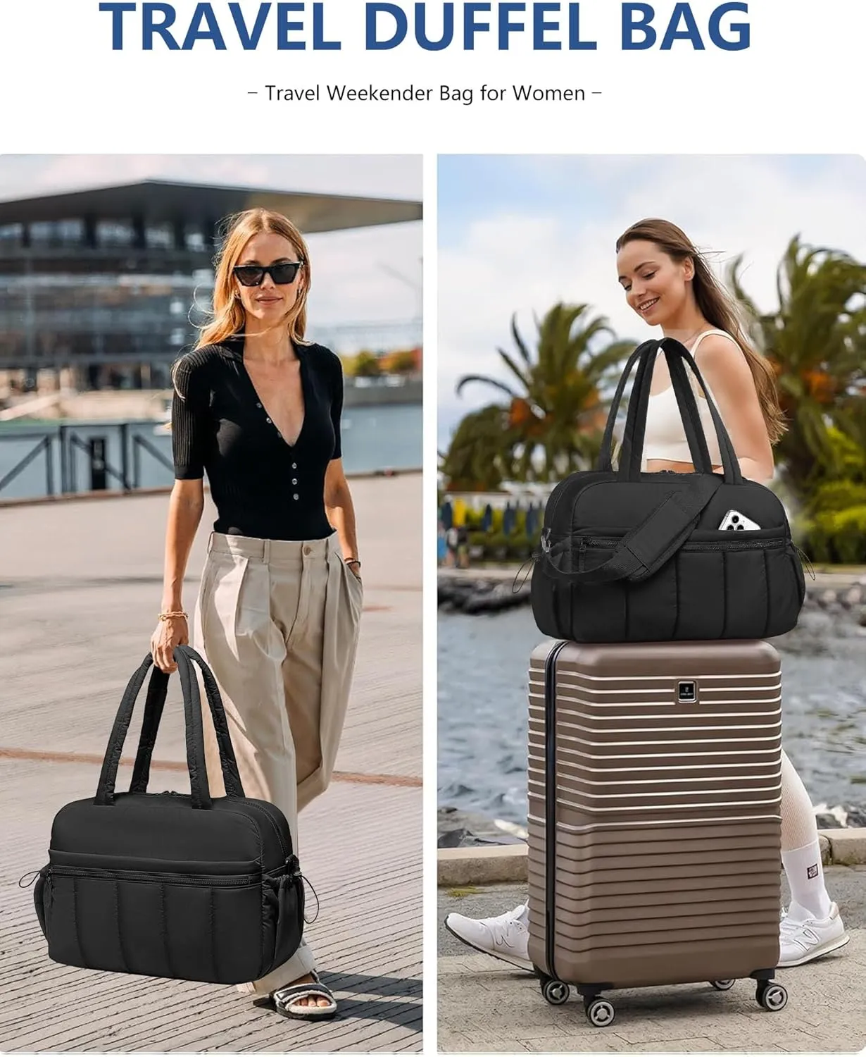 Travel Duffle Bag for Women: Weekender Bags with Toiletry Bag Gym Yoga Bag with Wet Pocket Water Resistant Weekend Carry on Duffel Tote Bag for Workout Sports Hospital Bags Black