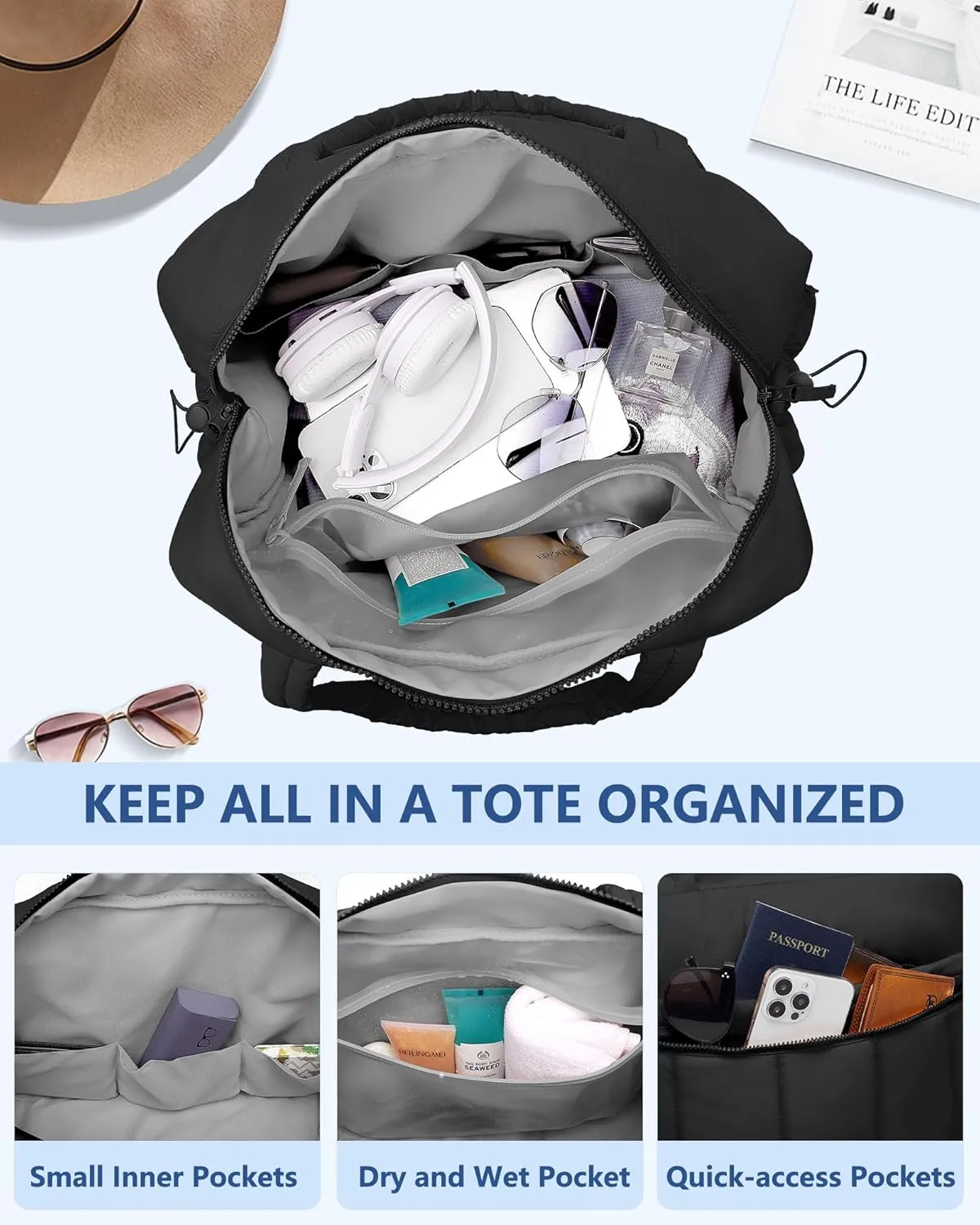 Travel Duffle Bag for Women: Weekender Bags with Toiletry Bag Gym Yoga Bag with Wet Pocket Water Resistant Weekend Carry on Duffel Tote Bag for Workout Sports Hospital Bags Black