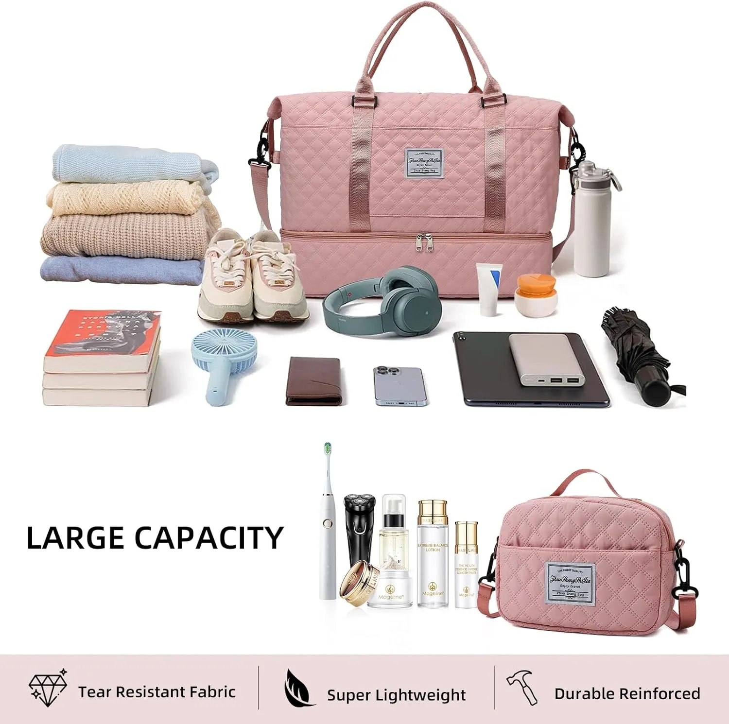 Travel Duffle Bag Weekender Bags for Women with Shoe Compartment Carry On Duffel Overnight Bag with Toiletry Bag for Hospital Pink