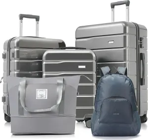 Travel Solution with 5-Piece Luggage Set, Expandable Duffel Bag, and Foldable Backpack, Grey