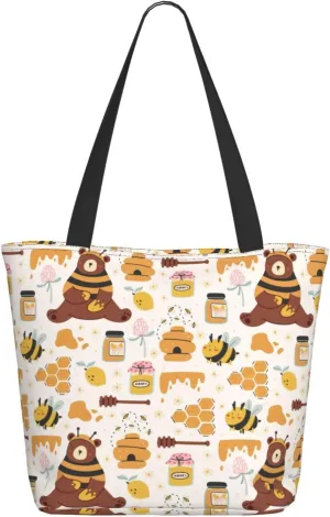 Travel Tote Bag for Women Work - Lightweight Cute Bee Honey Jar Hive Bear Shoulder Bag Nurse Bag Beach Handbags for Women, Fashion Large Tote Purse for Women with Zipper