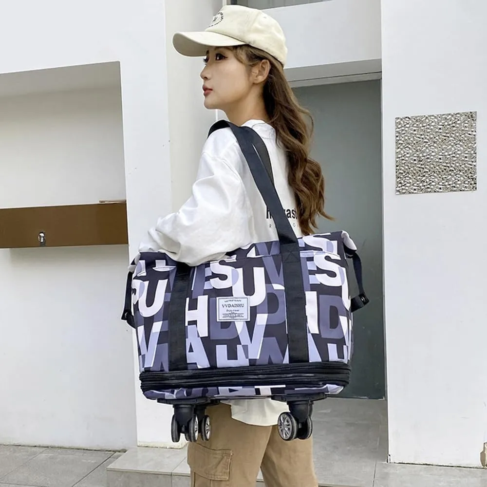 Travel Tote Bags with Trolley Sleeve Expandable Extra Duffel Bag with Wheels Lightweight Foldable Suitcase