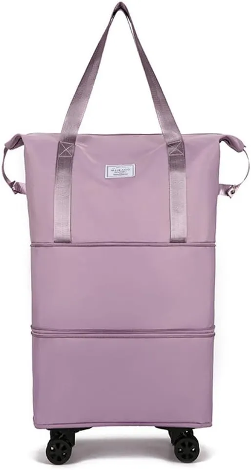 Travel Tote Bags with Trolley Sleeve Expandable Extra Waterproof Oxford Duffel Bag with Wheels (Light Purple, 2 Layer Expansion)