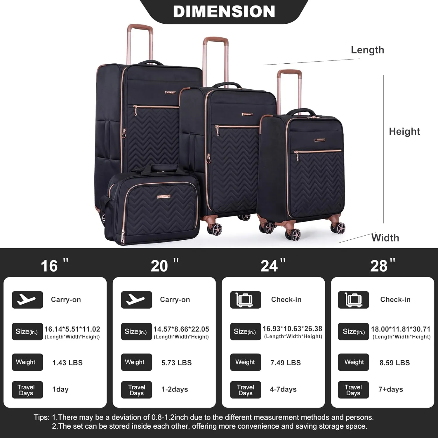 Travelhouse Luggage Sets 4 Piece with Spinner Wheel,Expandable Softside Luggage Sets with Carry-on Duffel Bag,Lightweight Travel Luggage set (BLACK)