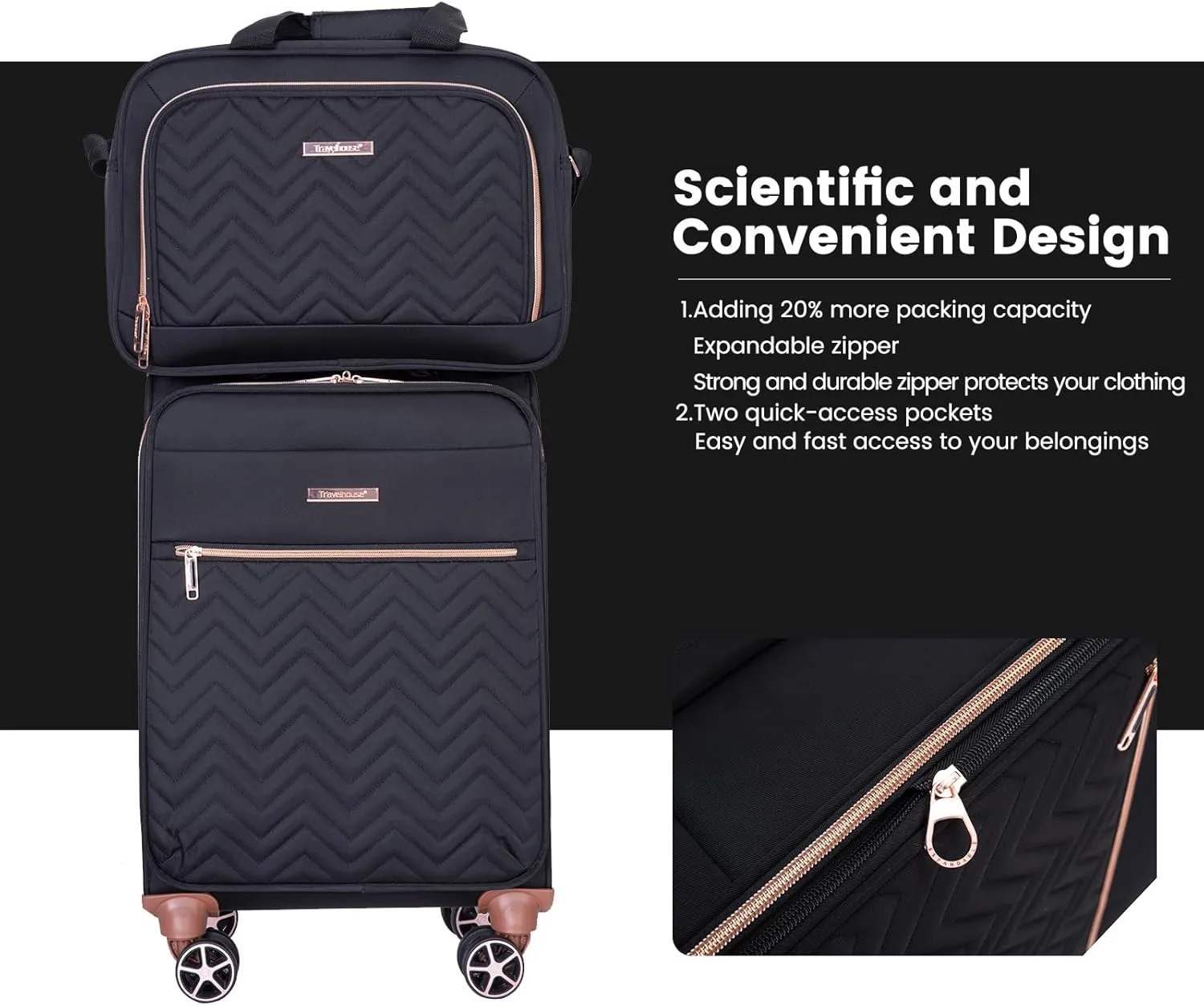 Travelhouse Luggage Sets 4 Piece with Spinner Wheel,Expandable Softside Luggage Sets with Carry-on Duffel Bag,Lightweight Travel Luggage set (BLACK)