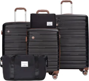 Travelhouse Luggage Sets 5 Piece,PP Hardshell Carry on Suitcase Set,Travel Suitcases with Double Spinner Wheels and TSA Lock (BLACK)