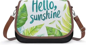 Tropical Leaves with Words Hello Sunshine Crossbody Bag Leather Crossbody Bag
