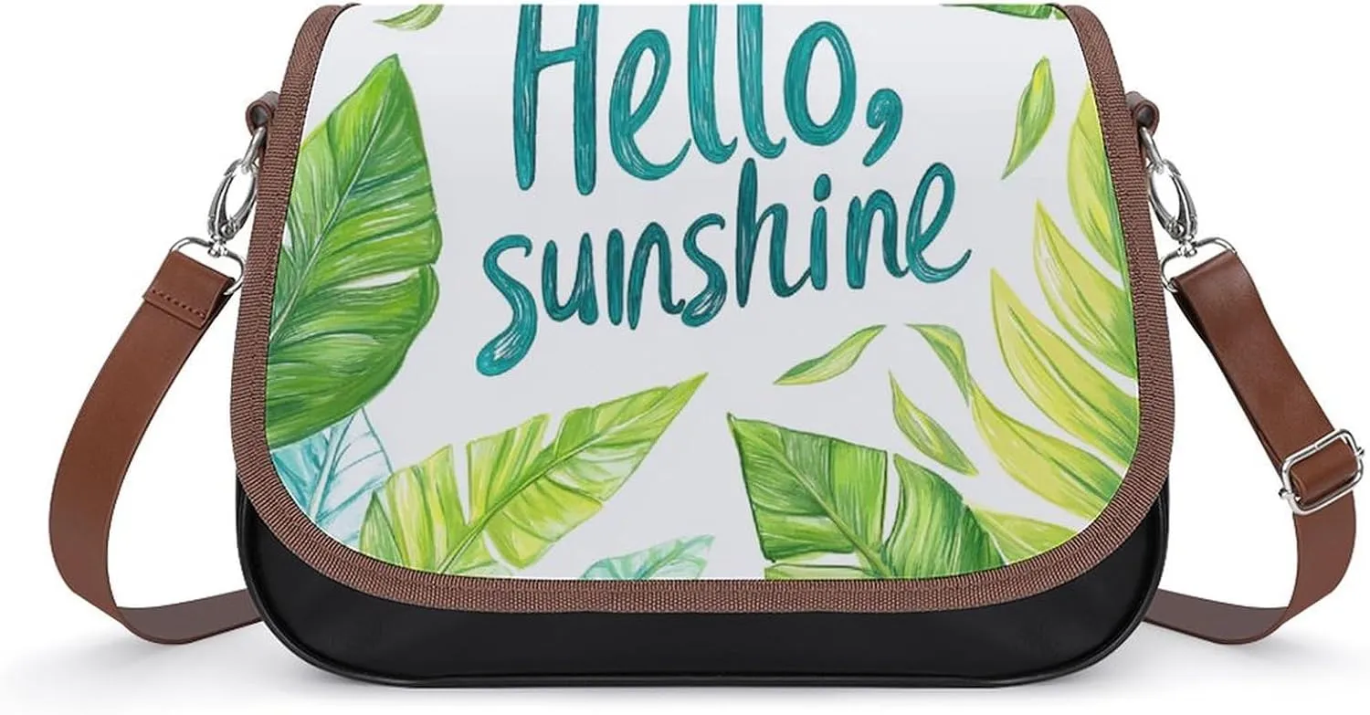 Tropical Leaves with Words Hello Sunshine Crossbody Bag Leather Crossbody Bag
