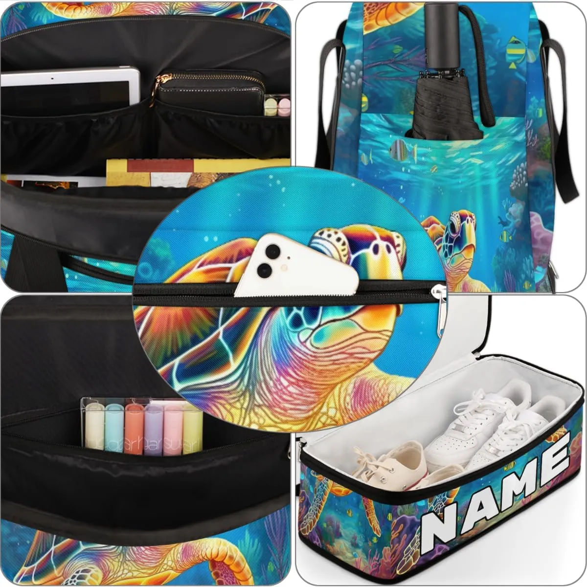 Turtle Animal Custom Foldable Duffle Bag with Shoes Compartment Personalized Large Capacity Waterproof Travel Weekender Bag Overnight Bag for Sports Gym