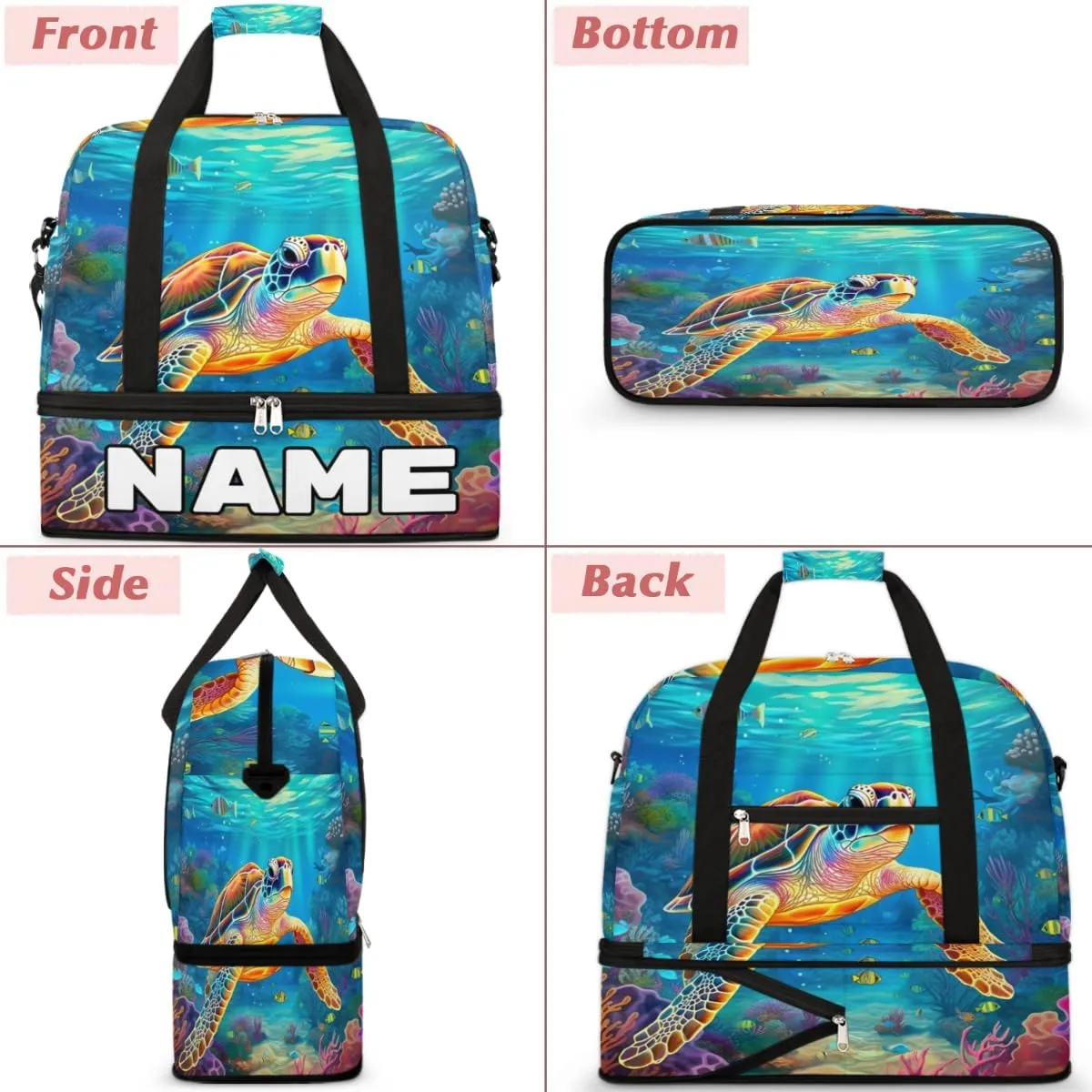 Turtle Animal Custom Foldable Duffle Bag with Shoes Compartment Personalized Large Capacity Waterproof Travel Weekender Bag Overnight Bag for Sports Gym