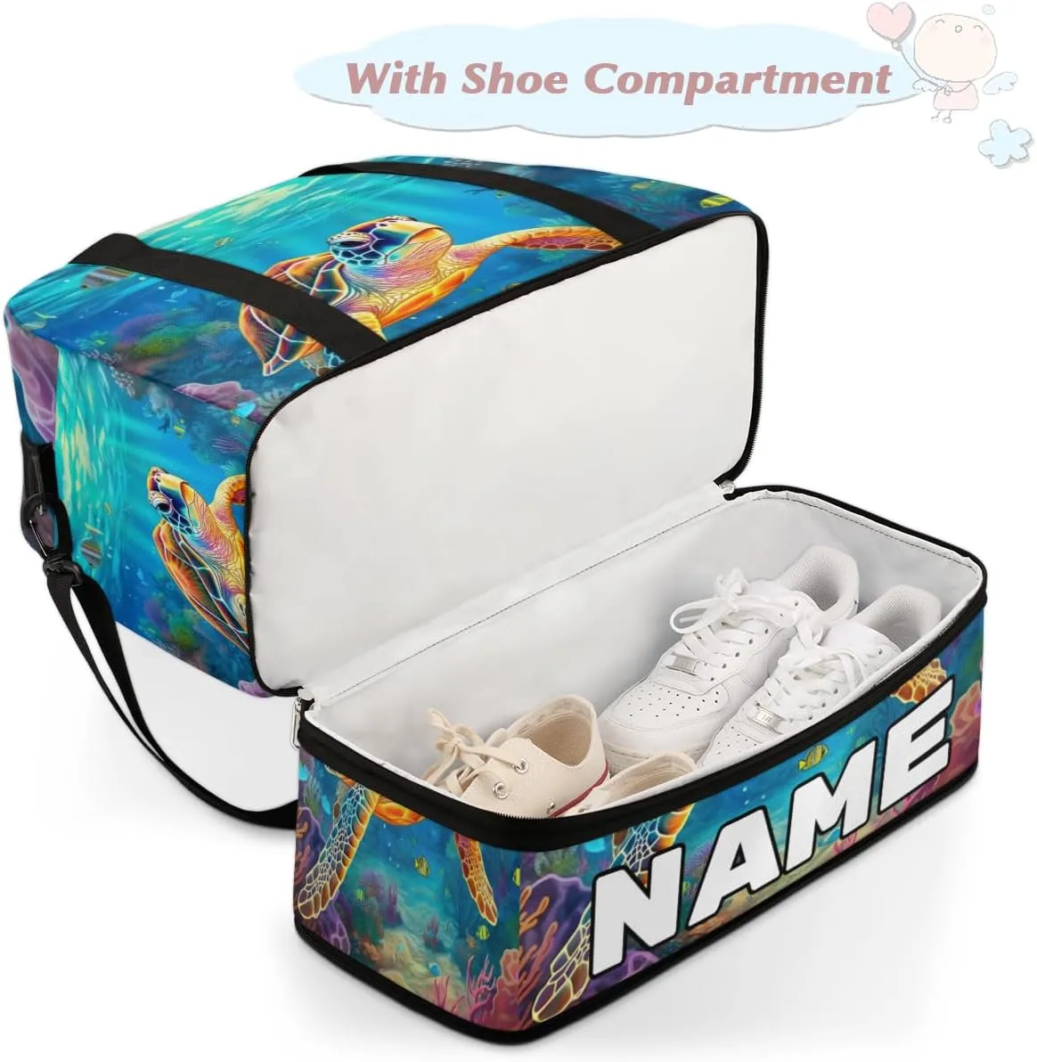 Turtle Animal Custom Foldable Duffle Bag with Shoes Compartment Personalized Large Capacity Waterproof Travel Weekender Bag Overnight Bag for Sports Gym