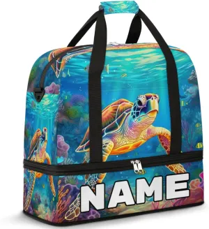 Turtle Animal Custom Foldable Duffle Bag with Shoes Compartment Personalized Large Capacity Waterproof Travel Weekender Bag Overnight Bag for Sports Gym