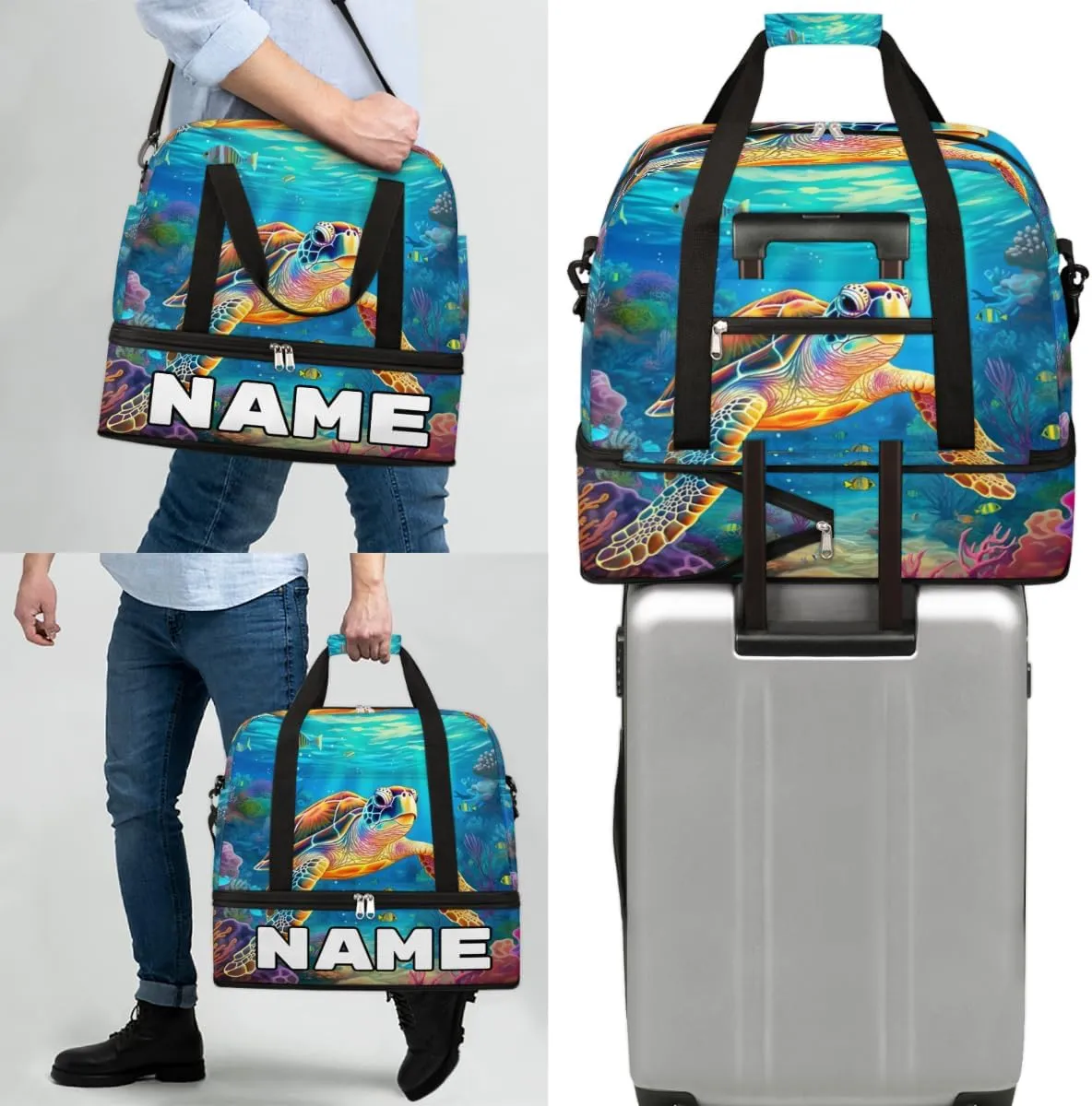 Turtle Animal Custom Foldable Duffle Bag with Shoes Compartment Personalized Large Capacity Waterproof Travel Weekender Bag Overnight Bag for Sports Gym