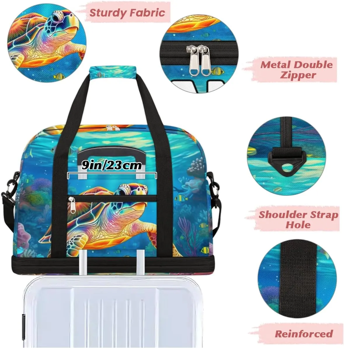 Turtle Animal Custom Foldable Duffle Bag with Shoes Compartment Personalized Large Capacity Waterproof Travel Weekender Bag Overnight Bag for Sports Gym