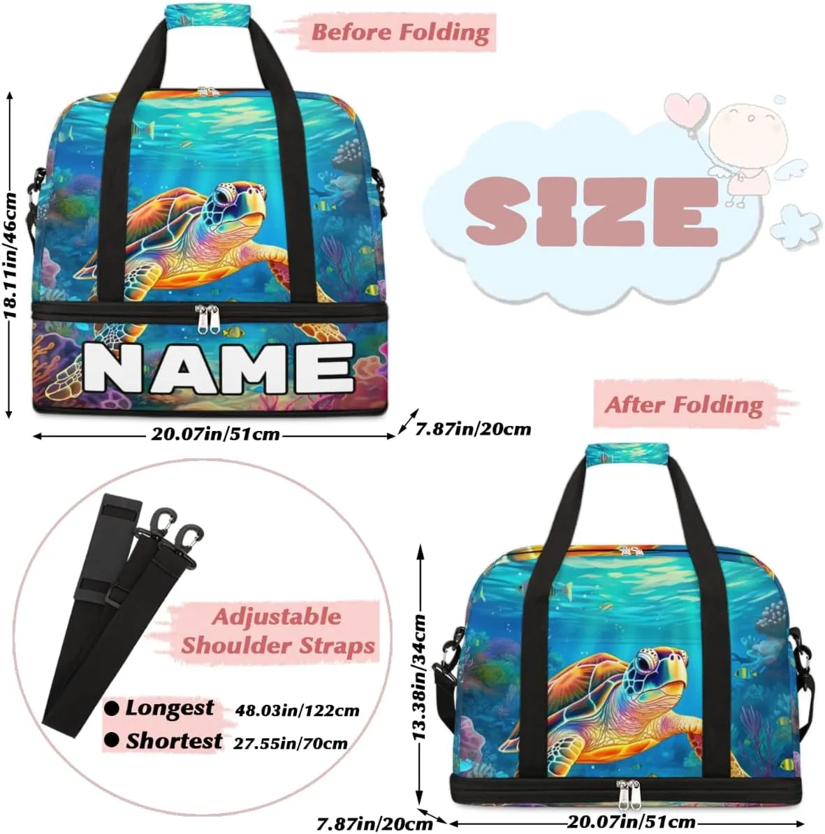 Turtle Animal Custom Foldable Duffle Bag with Shoes Compartment Personalized Large Capacity Waterproof Travel Weekender Bag Overnight Bag for Sports Gym