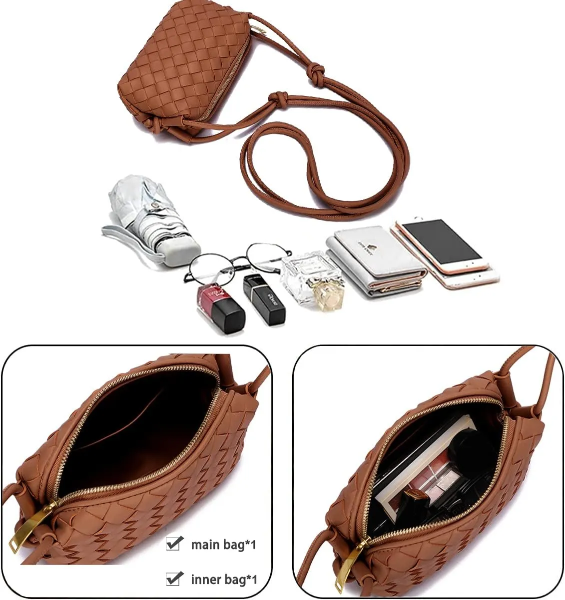 UPSONG Woven Crossbody Bags for Women，Fashion Leather Lightweight Handbags Shoulder Bag Phone Purse Ladies Messenger Bag